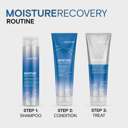 Full collection view of the Joico hair care range including the 250 milliliters moisture recovery balm tube