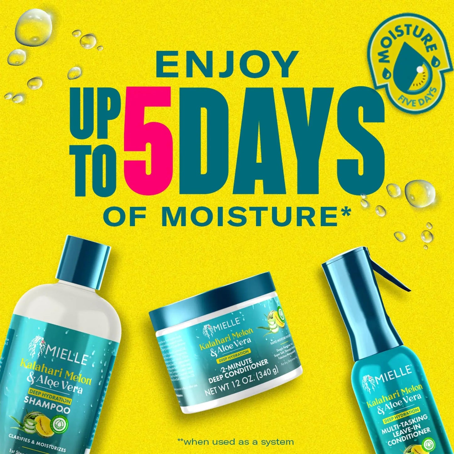 Mielle Kalahari Melon and Aloe Vera fast-acting curly hair treatment product display.