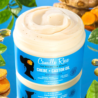 Authentic USA imported Camille Rose strengthening hair treatment jar angled presentation.