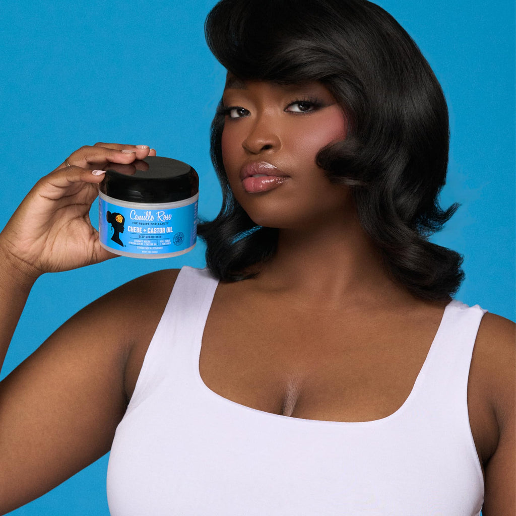 Camille Rose Black Castor Oil And Chebe Deep Conditioner lifestyle application on curly hair
