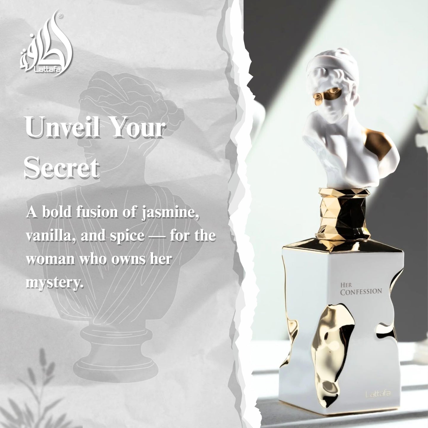 Lattafa Her Confession vanilla floral amber musk fragrance bottle detailed shot