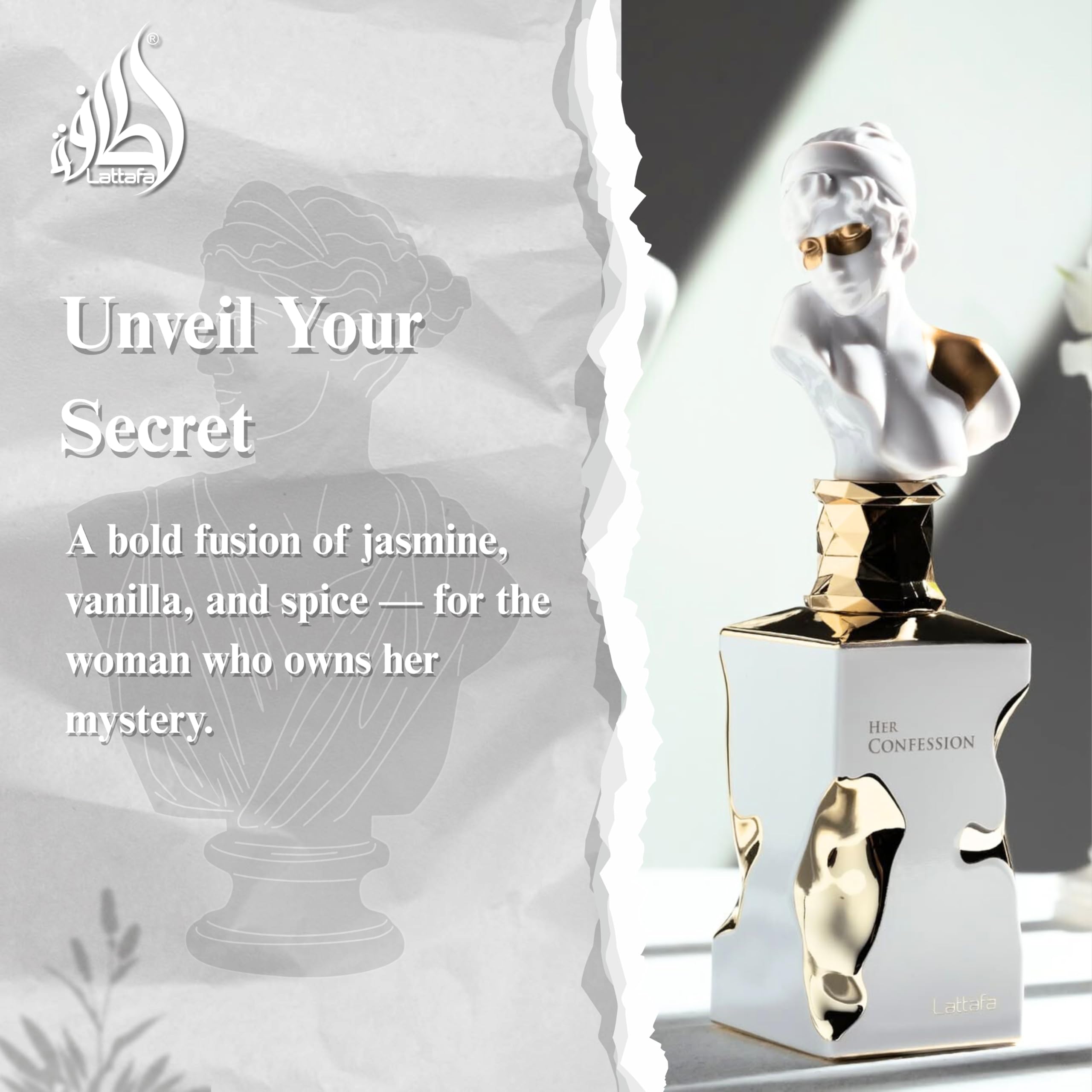 Lattafa Her Confession vanilla floral amber musk fragrance bottle detailed shot