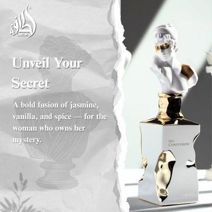 Lattafa Her Confession vanilla floral amber musk fragrance bottle detailed shot