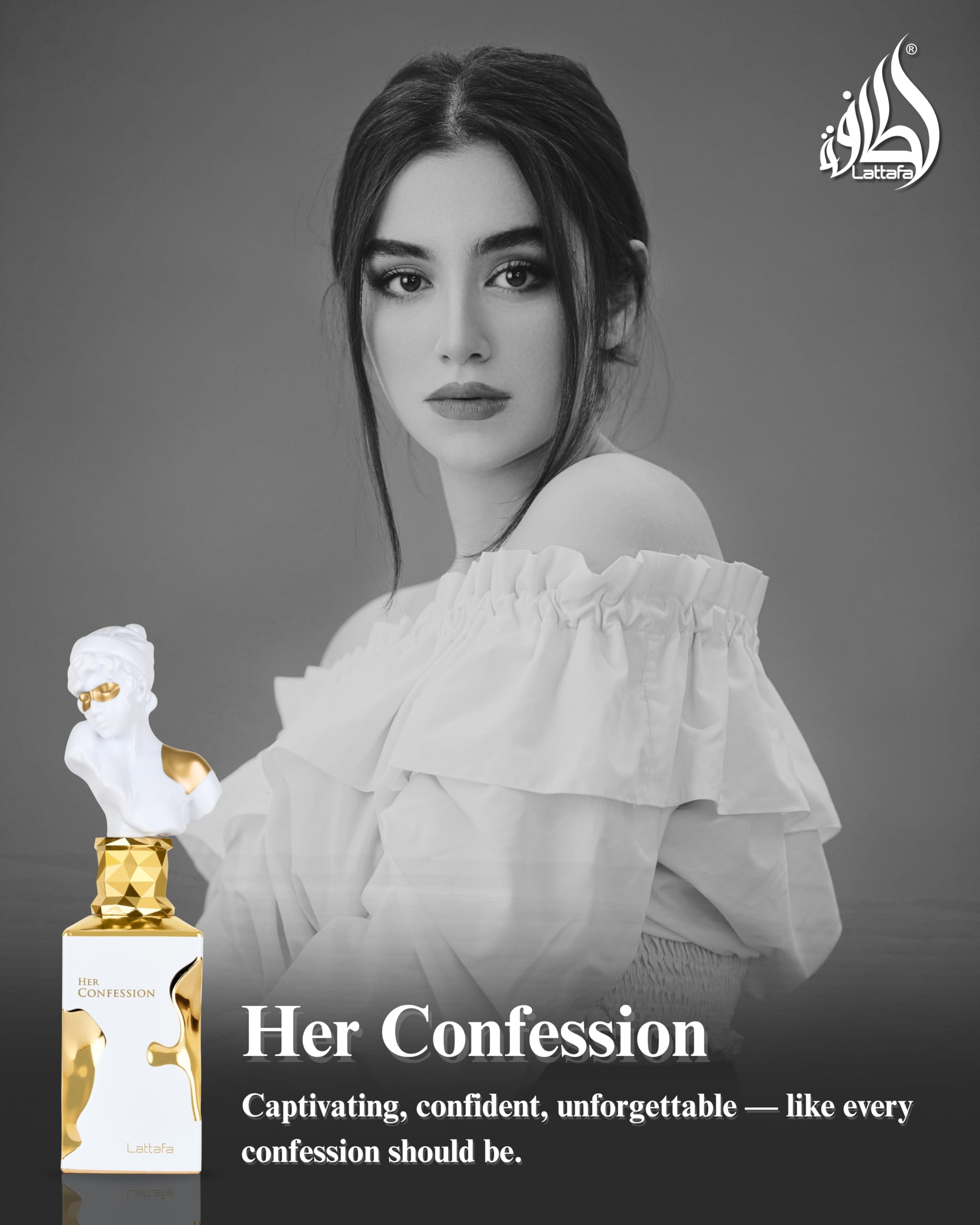 Lattafa Her Confession Eau de Parfum side angle highlighting the artistic cap design