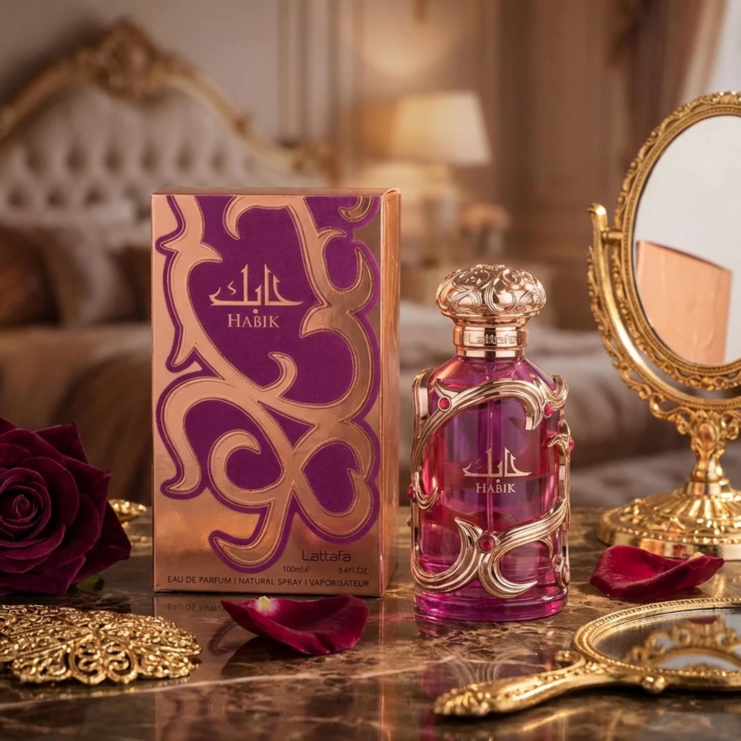 Lattafa Habik long lasting fruity floral fragrance display packaging
