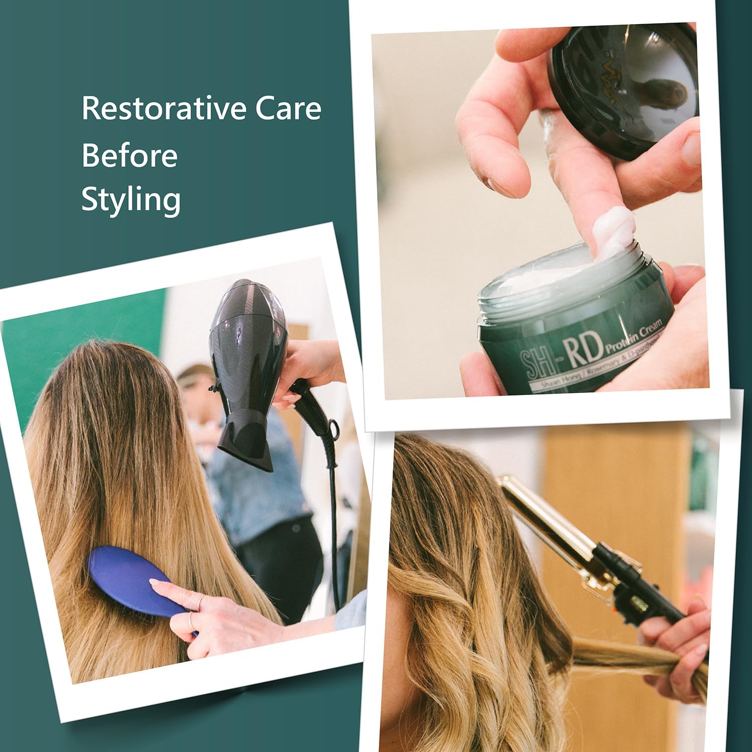 SH-RD leave in conditioner application on damp hair showing frizz control and heat defense