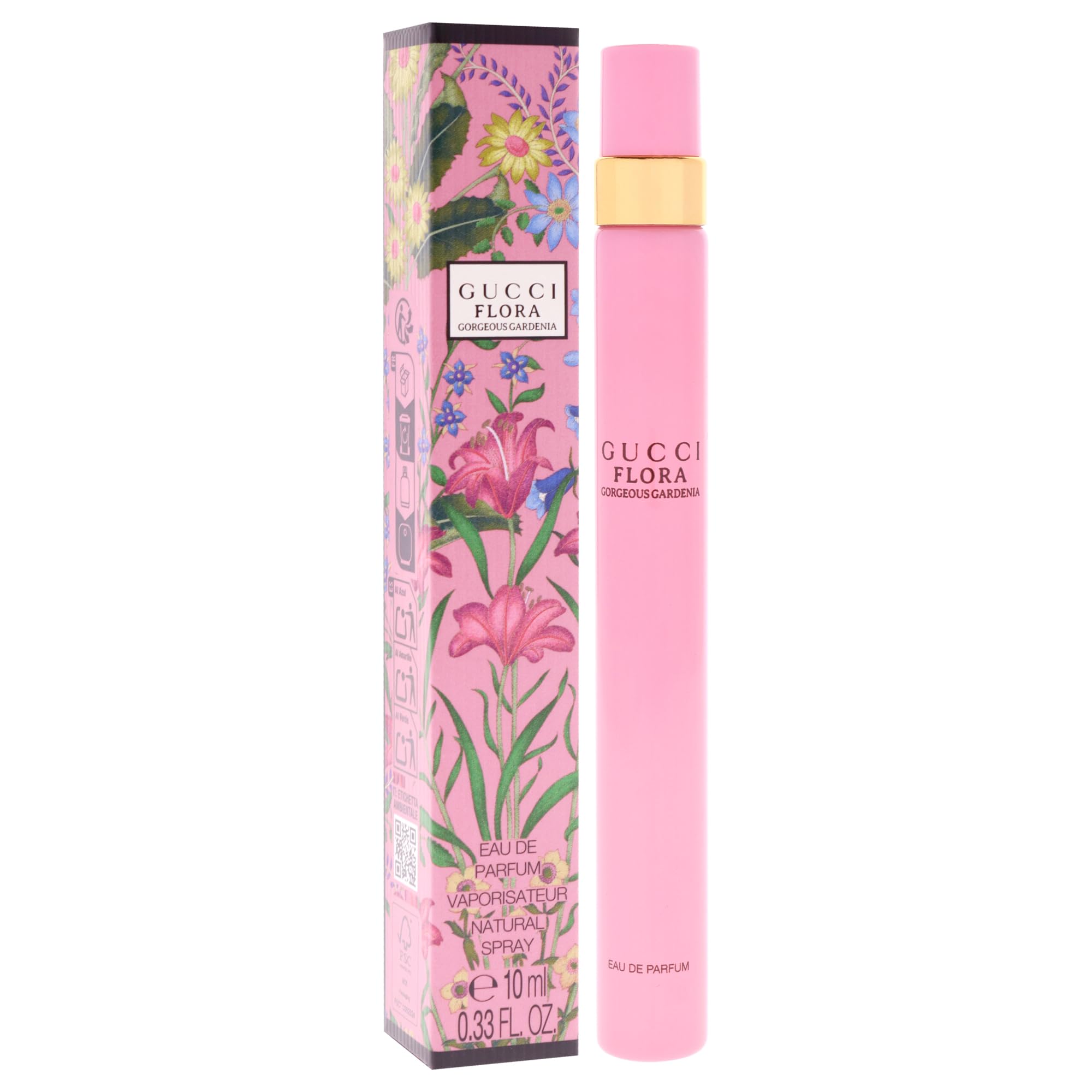 Gucci Flora Gorgeous Gardenia 0.33 ounce travel spray bottle close up.
