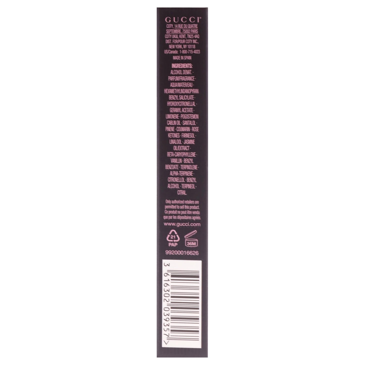 Gucci luxury floral fragrance travel spray held in hand showcasing its portable size.