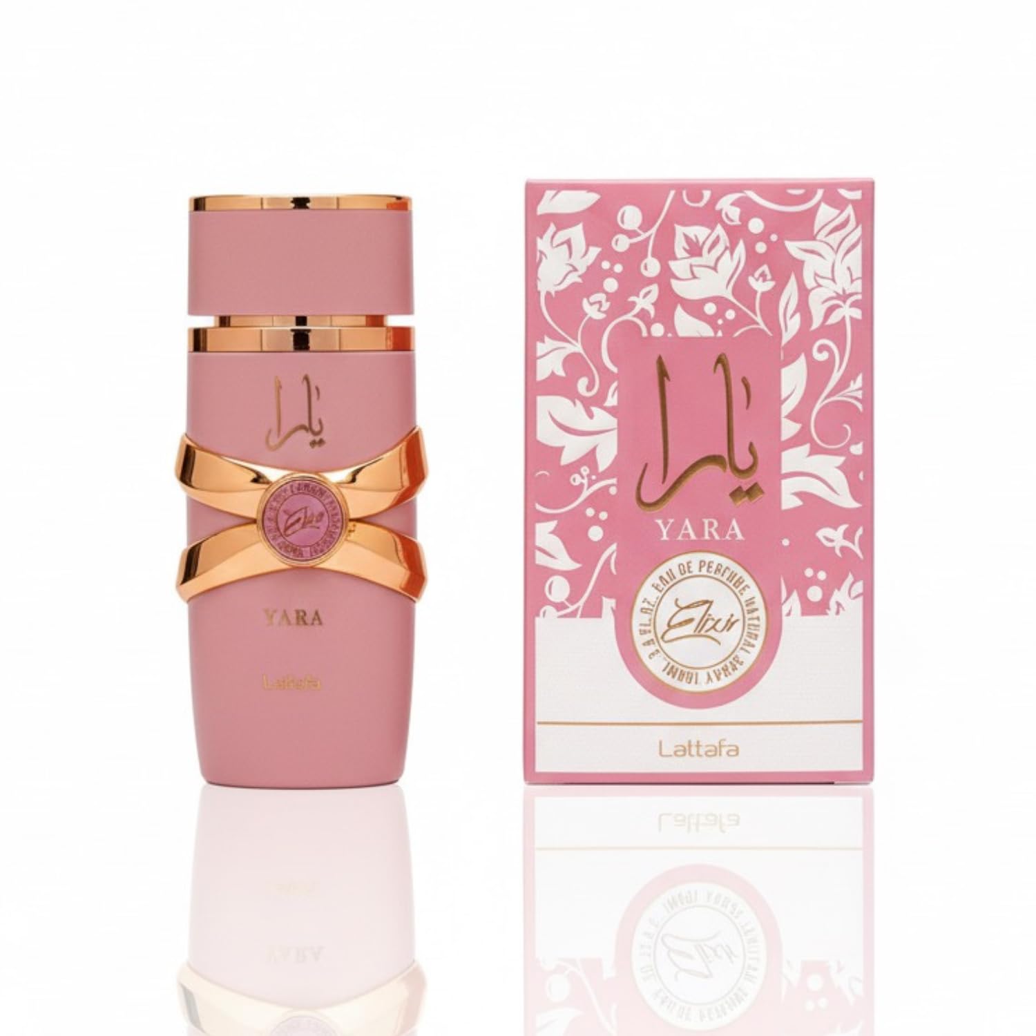 Lattafa Yara Elixir luxury pink glass bottle with rose gold accents