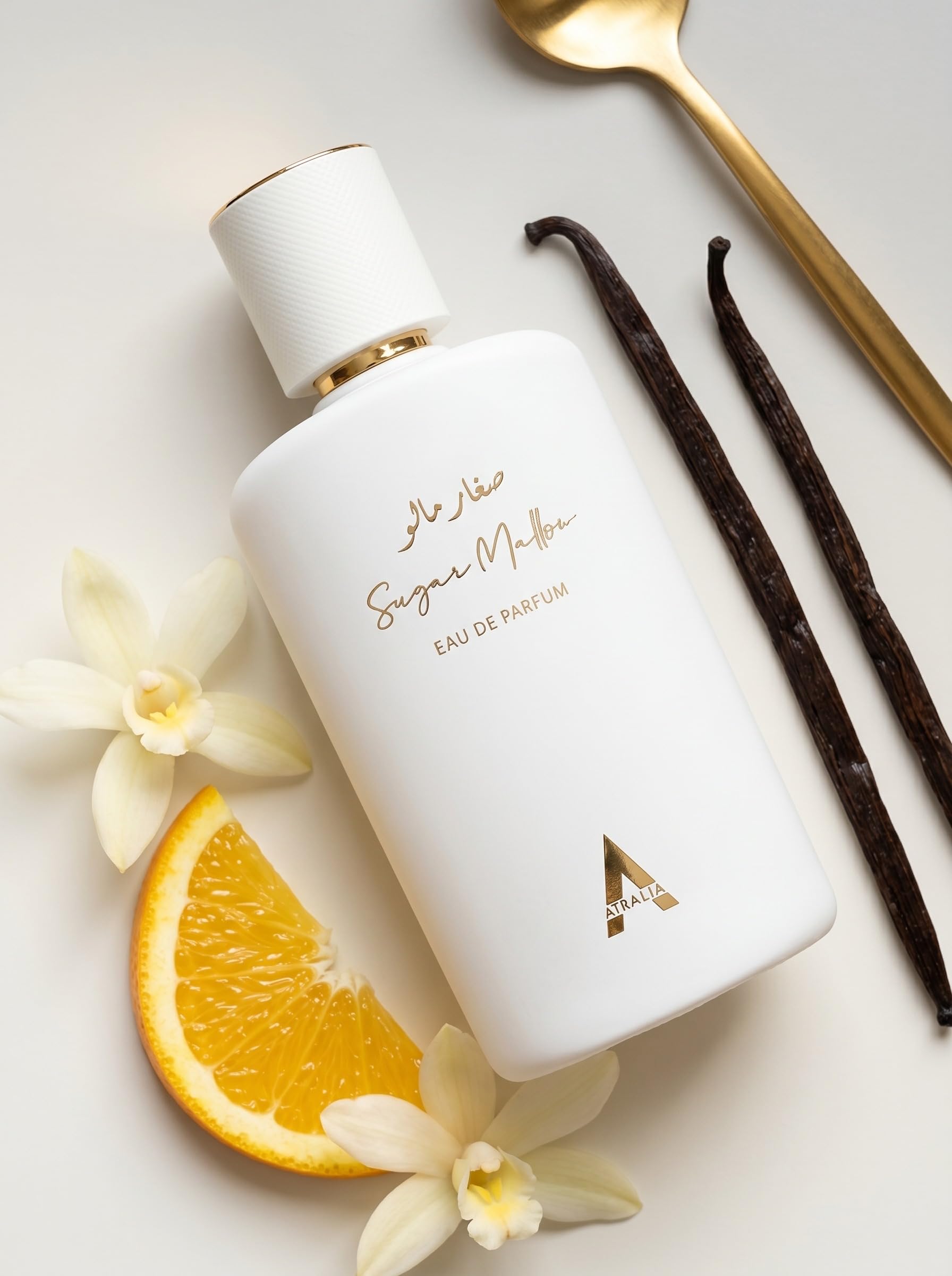 Atralia Sugar Mallow perfume bottle with white finish and gold sprayer