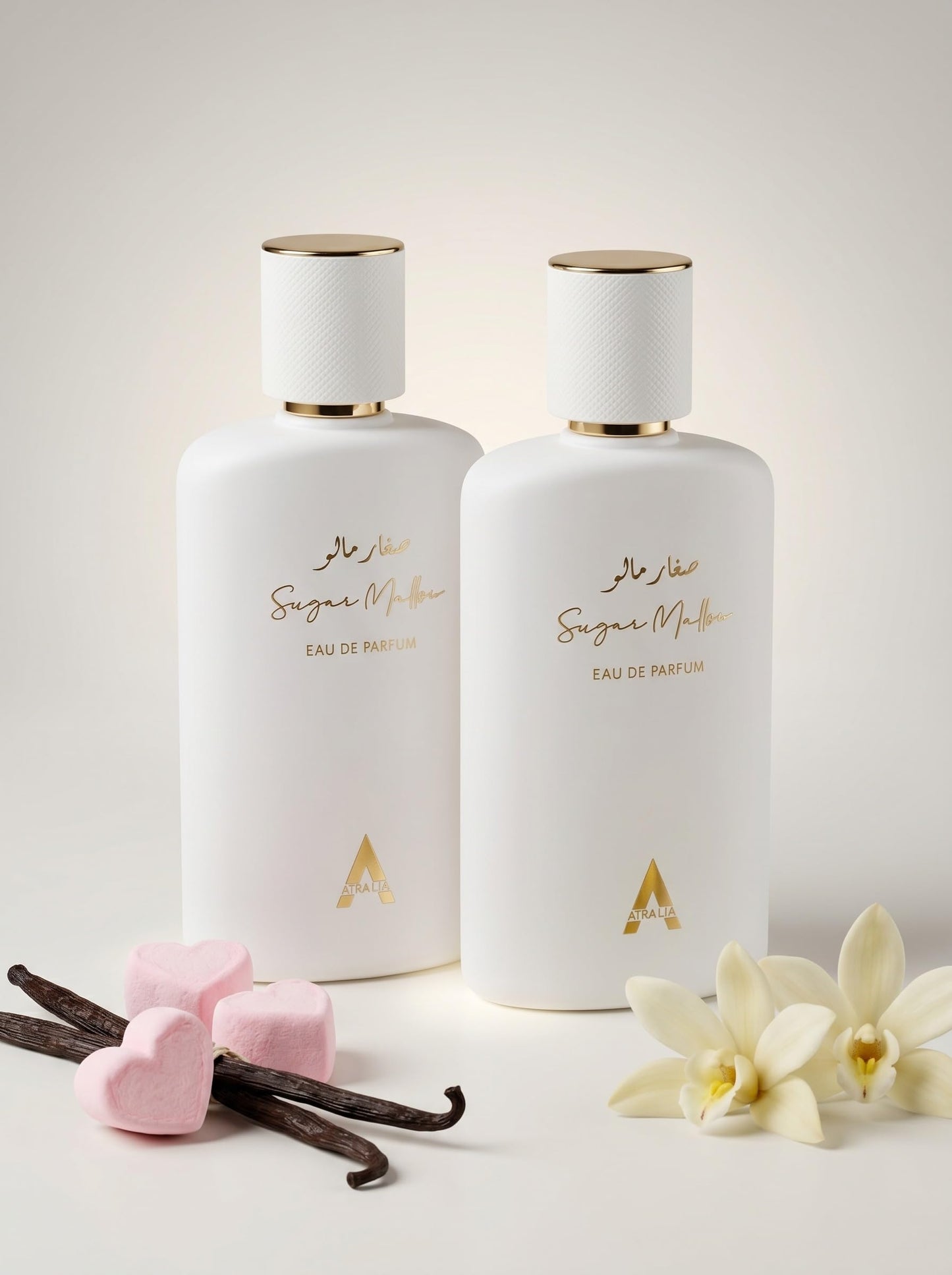 Atralia Sugar Mallow gourmand fragrance bottle displayed on a vanity
