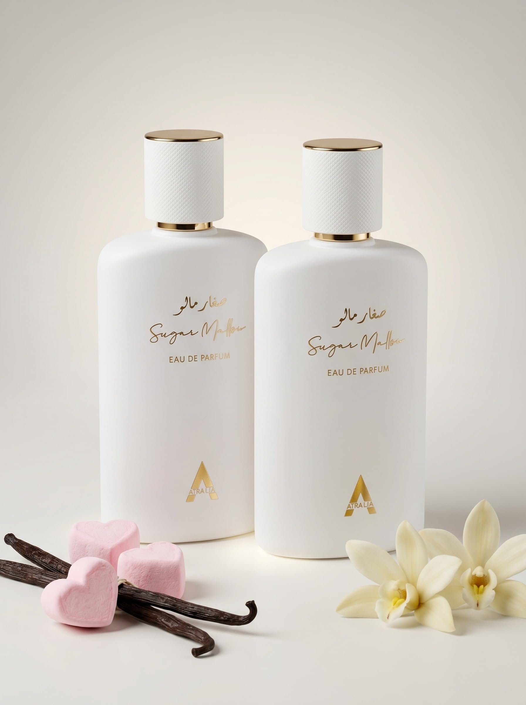 Atralia Sugar Mallow gourmand fragrance bottle displayed on a vanity