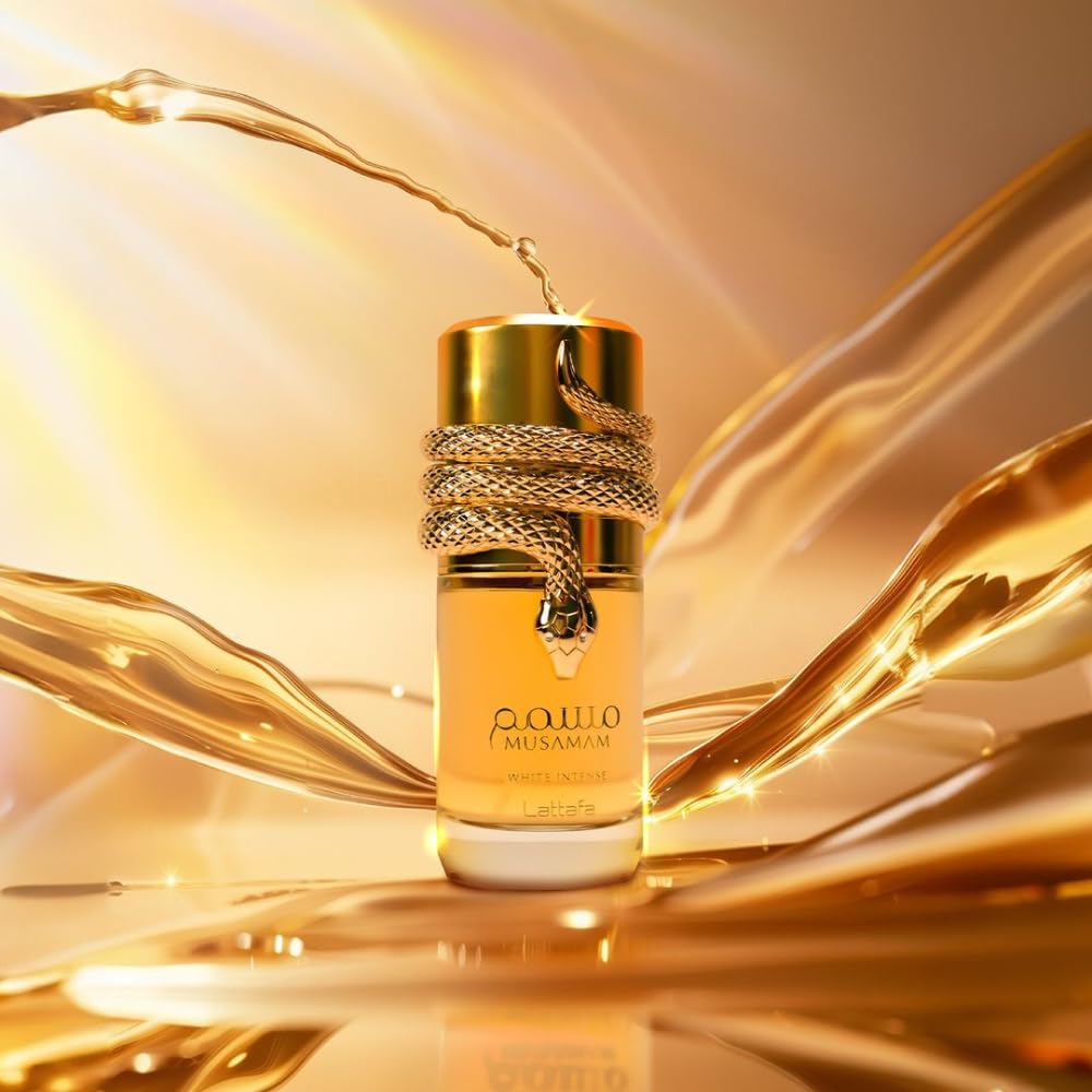 Close up shot of the atomizer and premium gold accents on the Lattafa Musamam White Intense perfume