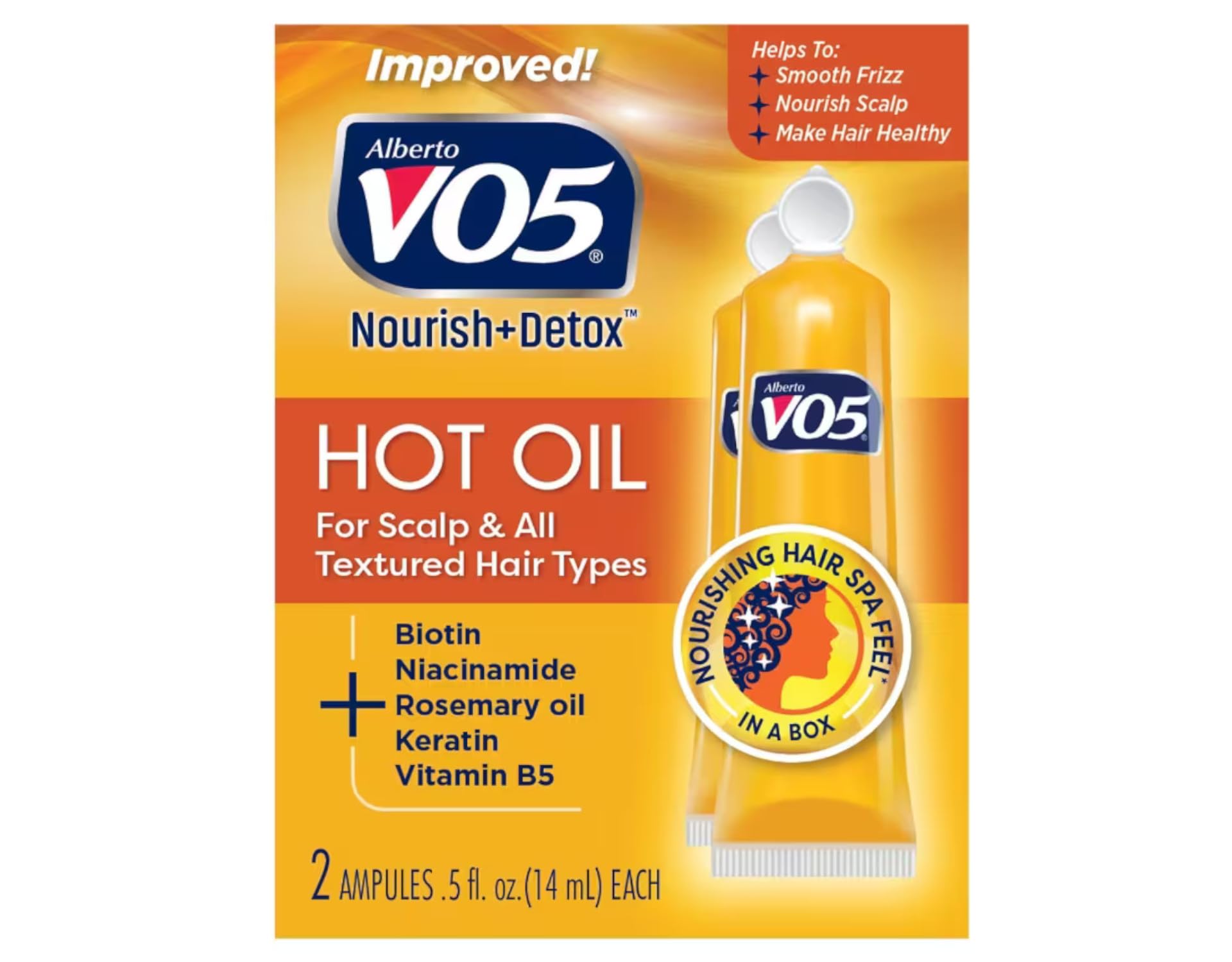VO5 Nourish and Detox hot oil hair ampoules displayed for pre-shampoo deep conditioning treatment.
