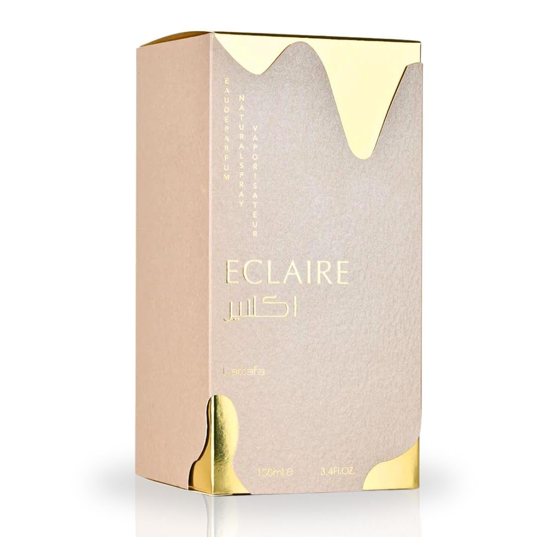 Authentic Lattafa Eclaire gourmand fragrance bottle showcasing golden details