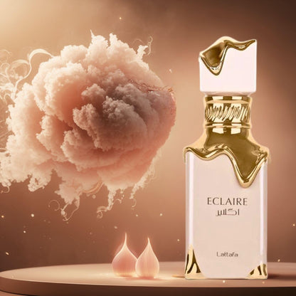 Lattafa Eclaire sweet caramel and vanilla fragrance mist spray close up
