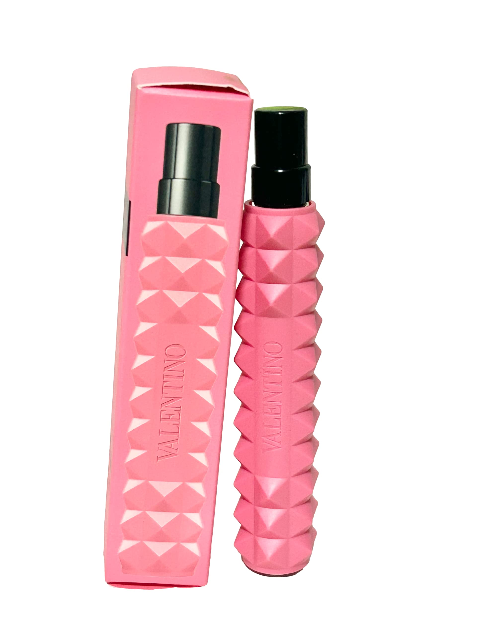 Side view of Valentino Donna Born In Roma travel perfume bottle highlighting the modern packaging texture