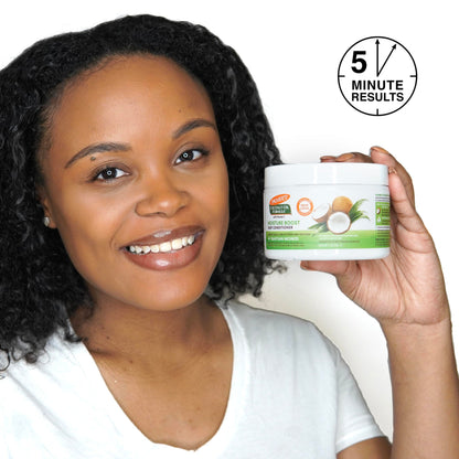 Side view of Palmer's Moisture Boost intensive treatment jar focusing on hair softening and detangling benefits.