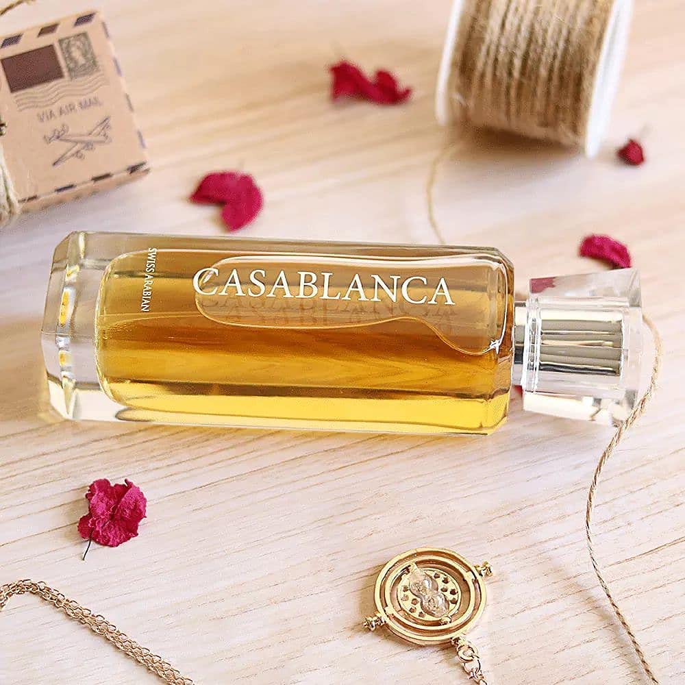Gourmand caramel and amber fragrance Swiss Arabian Casablanca close up of perfume spray nozzle