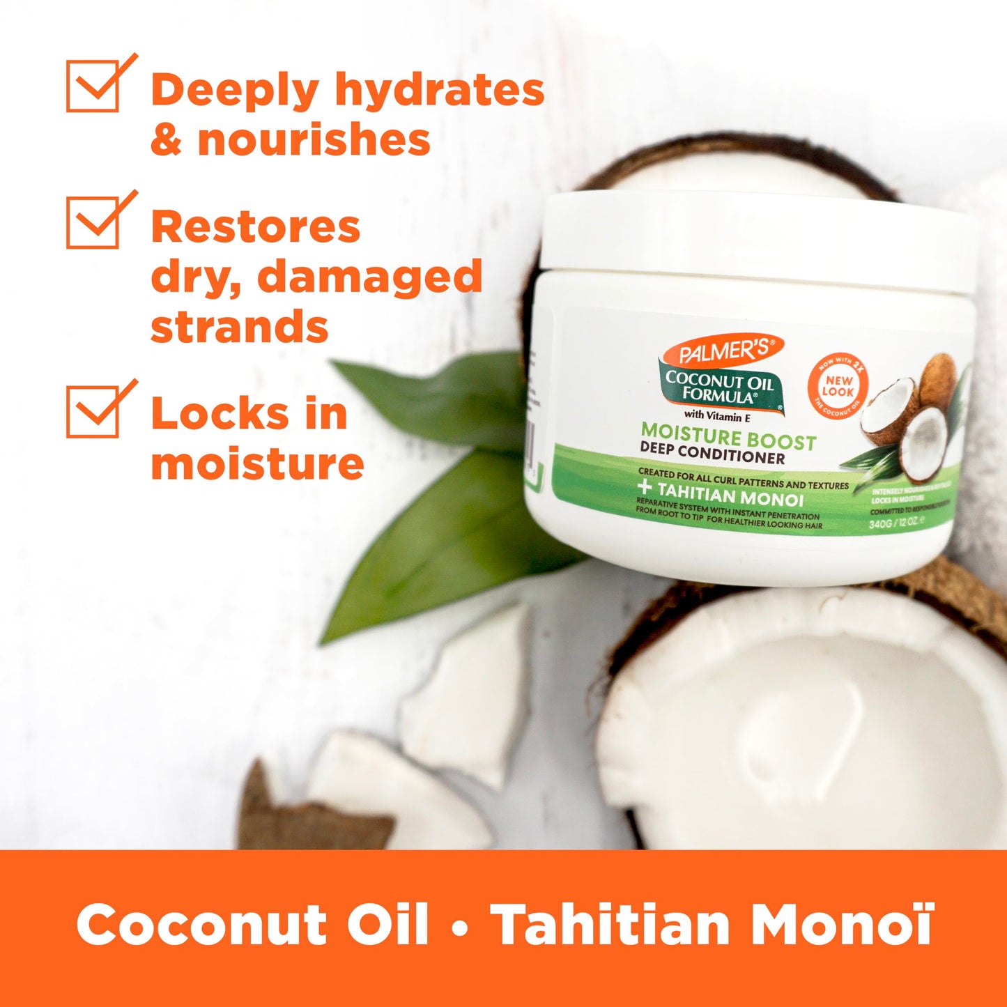 Palmer's deep hair conditioner packaging detailing plant-based proteins for frizz control and shine.
