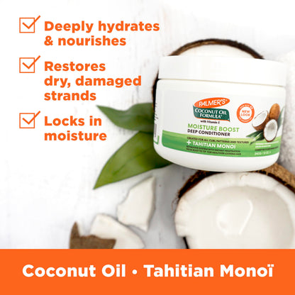 Palmer's deep hair conditioner packaging detailing plant-based proteins for frizz control and shine.