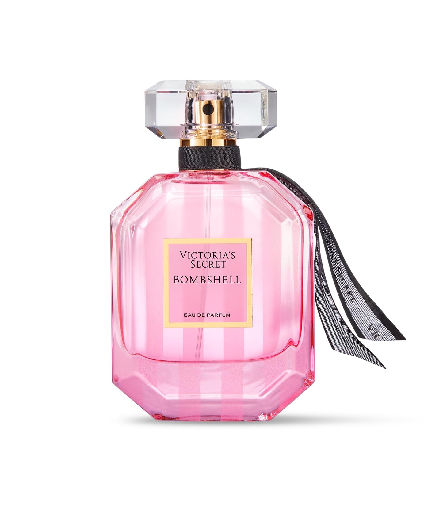 Victoria's Secret Bombshell Eau de Parfum original fragrance bottle showing the clear cap and gold lettering detailing.