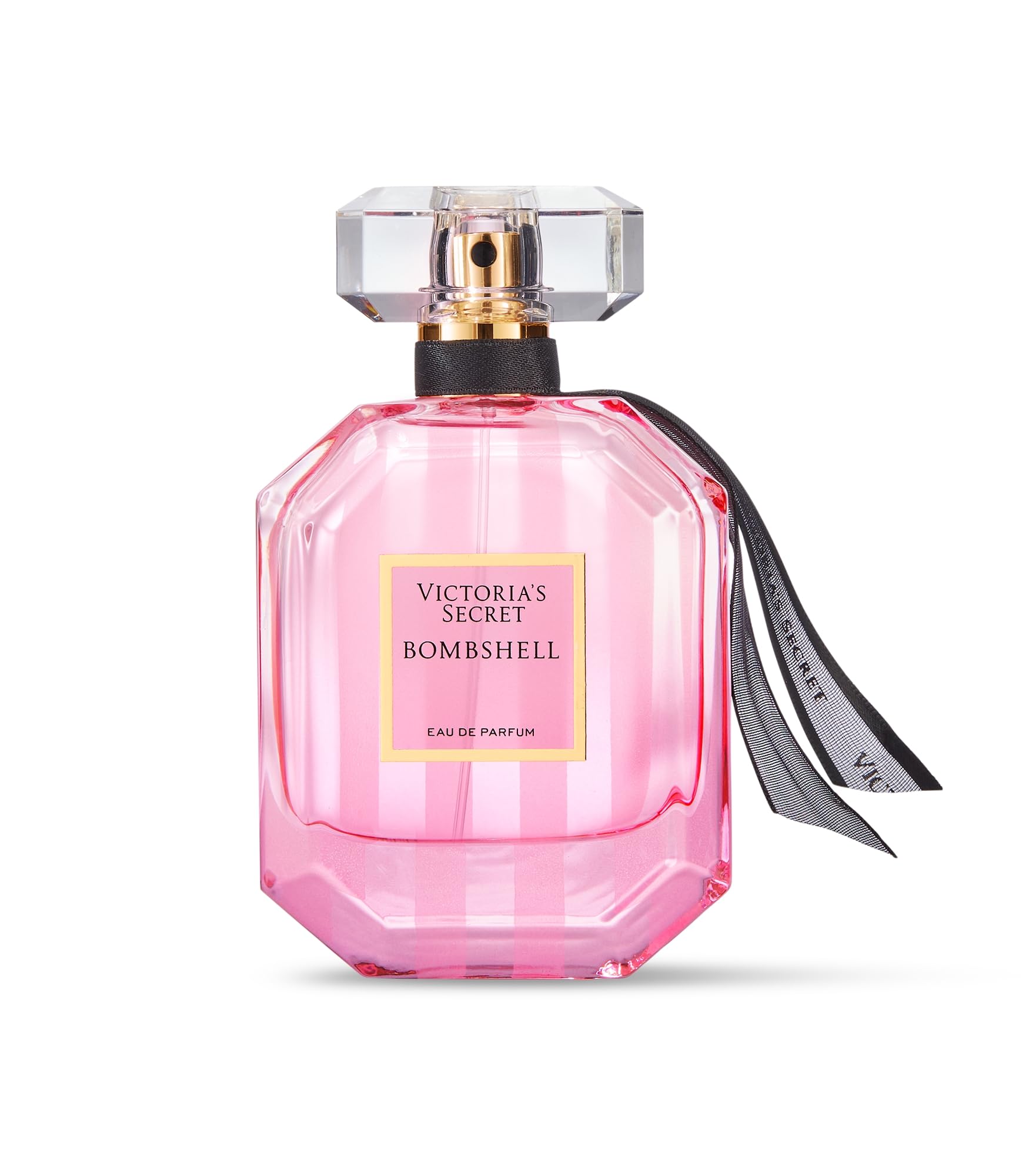 Victoria's Secret Bombshell Eau de Parfum original fragrance bottle showing the clear cap and gold lettering detailing.