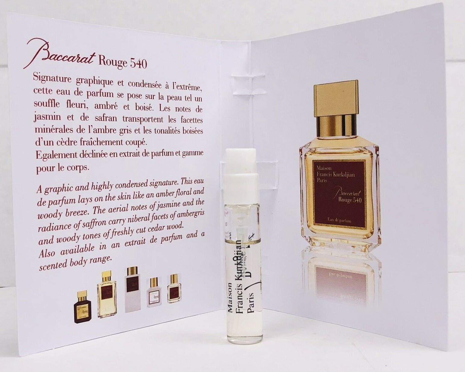 Authentic mfk Baccarat Rouge 540 miniature perfume bottle out of its packaging on a clean background.