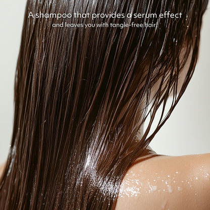 Mise En Scene Perfect Serum Original Shampoo back label showing key ingredients and Moroccan oil details.