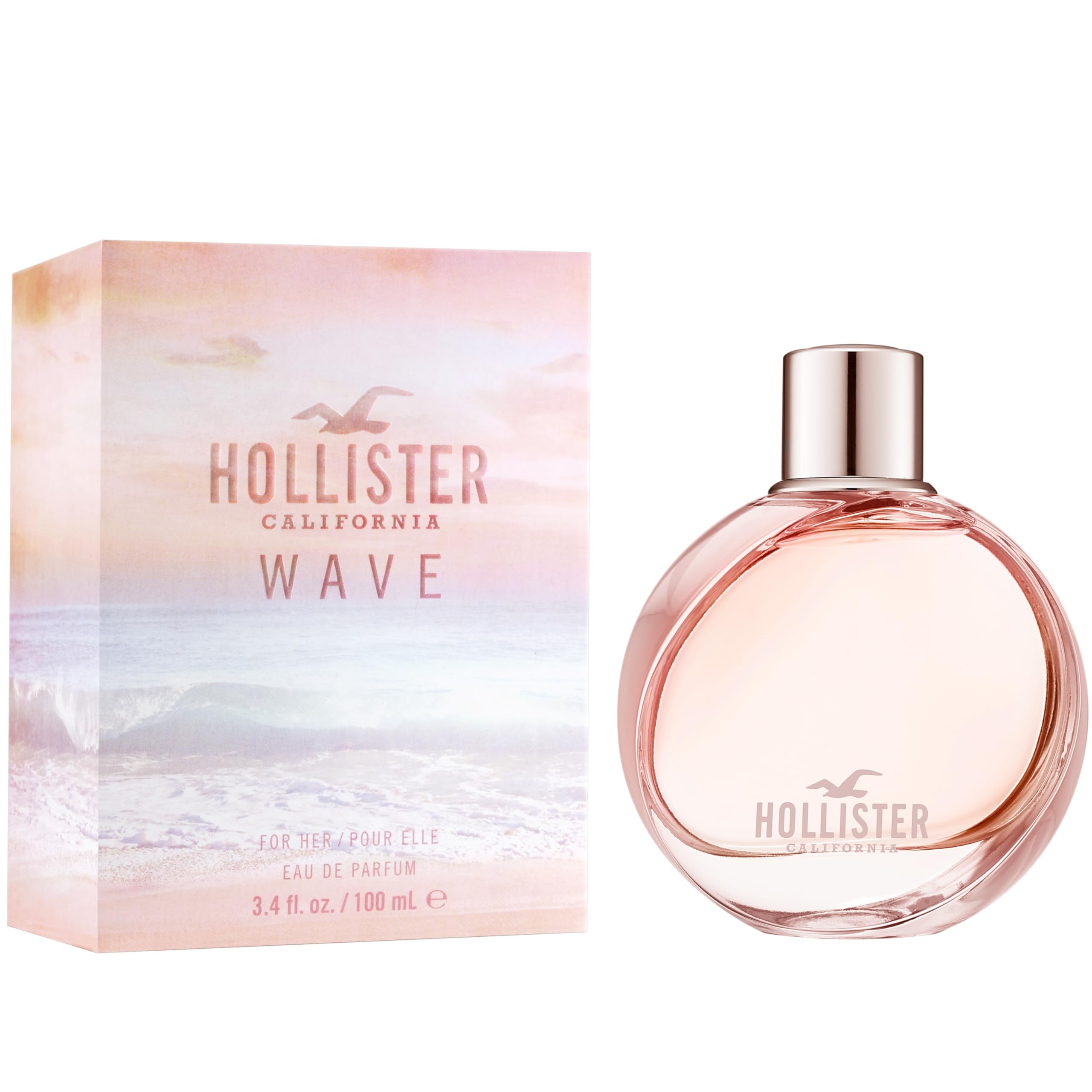 Authentic USA imported Hollister Wave Women perfume 100ml packaging box displaying top floral oriental ingredients.