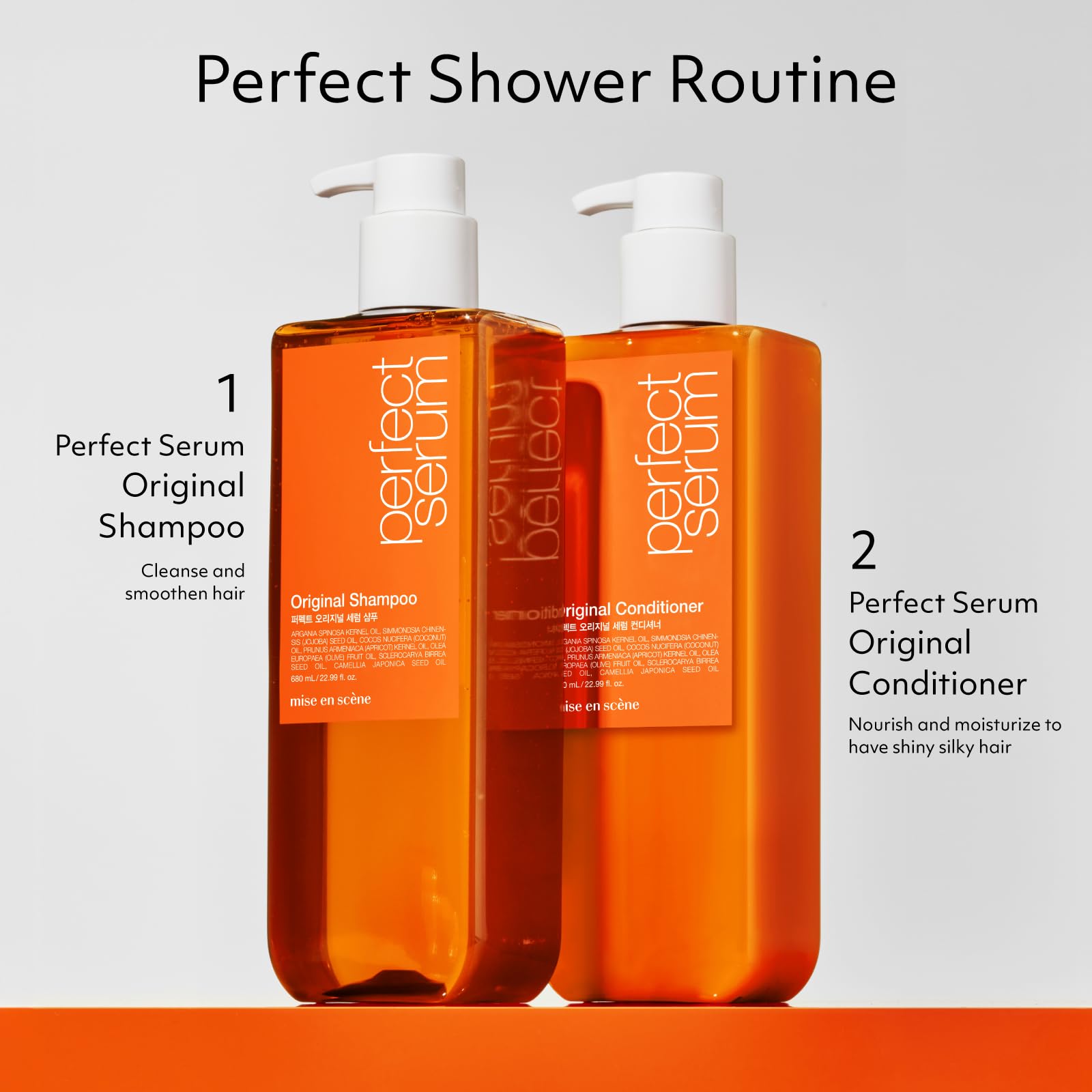 Side profile of the 22.99 Fluid Ounce Korean shampoo bottle showing fluid volume markings.