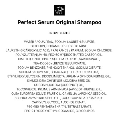 Complete Mise En Scene hair routine setup showcasing the original shampoo next to a glossy background.
