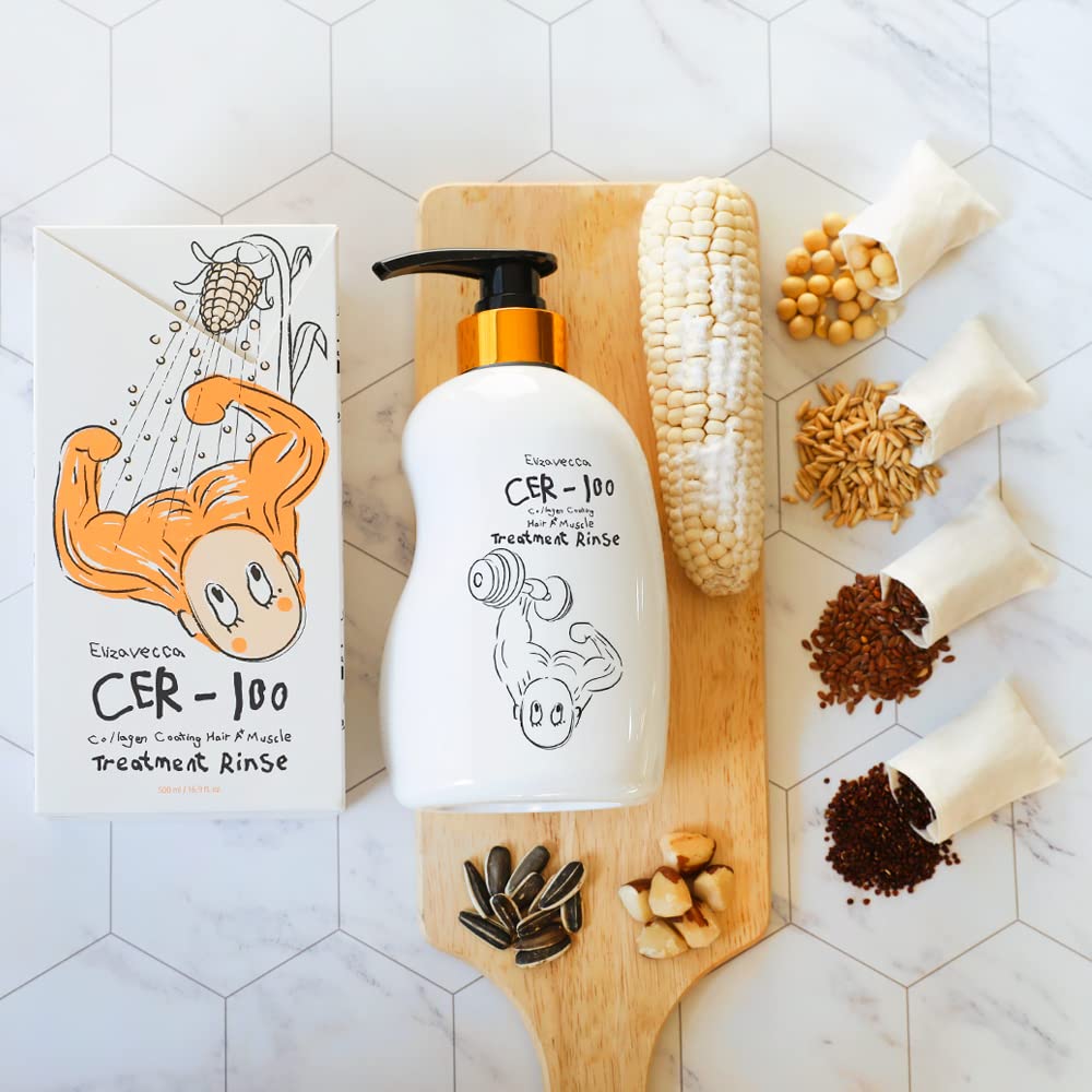 Elizavecca ceramide and collagen hair care product display on a clean background