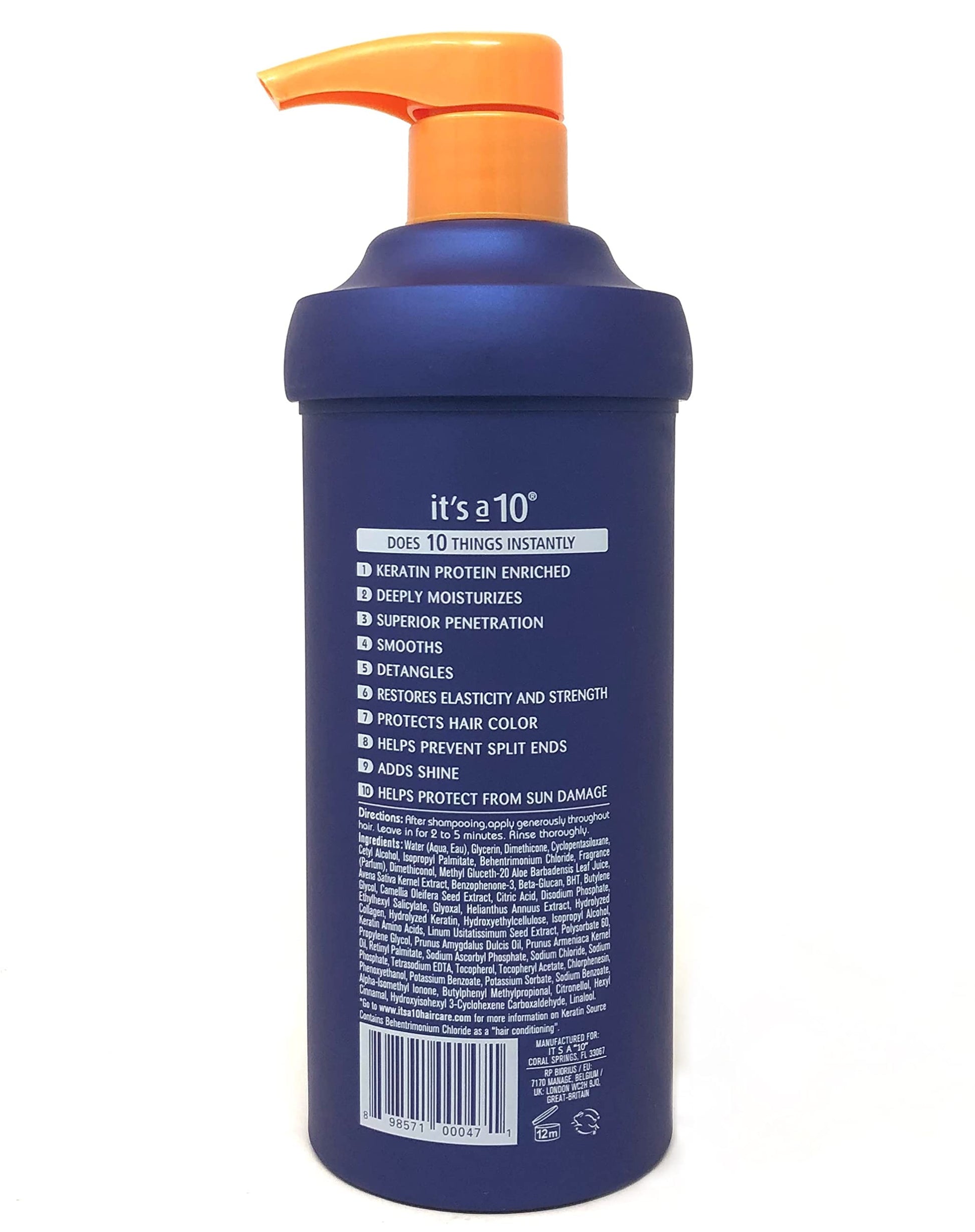 Back view showing ingredients and directions for the It's A 10 Miracle Deep Conditioner Plus Keratin salon-size bottle.