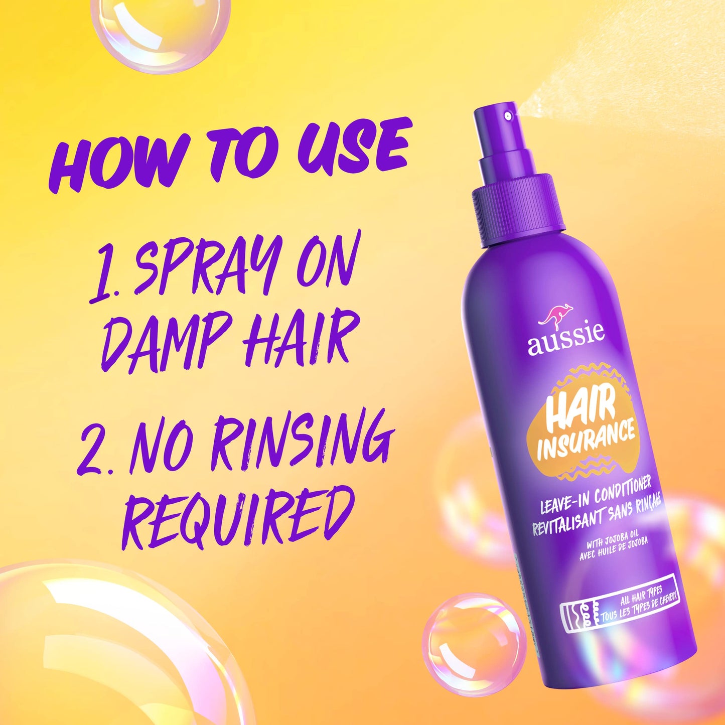 Aussie Hair Insurance Leave In Conditioner Spray being applied to damp hair for frizz control