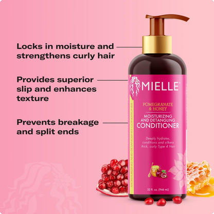 Authentic USA sourced Mielle Organics curly hair conditioner close up of packaging text.