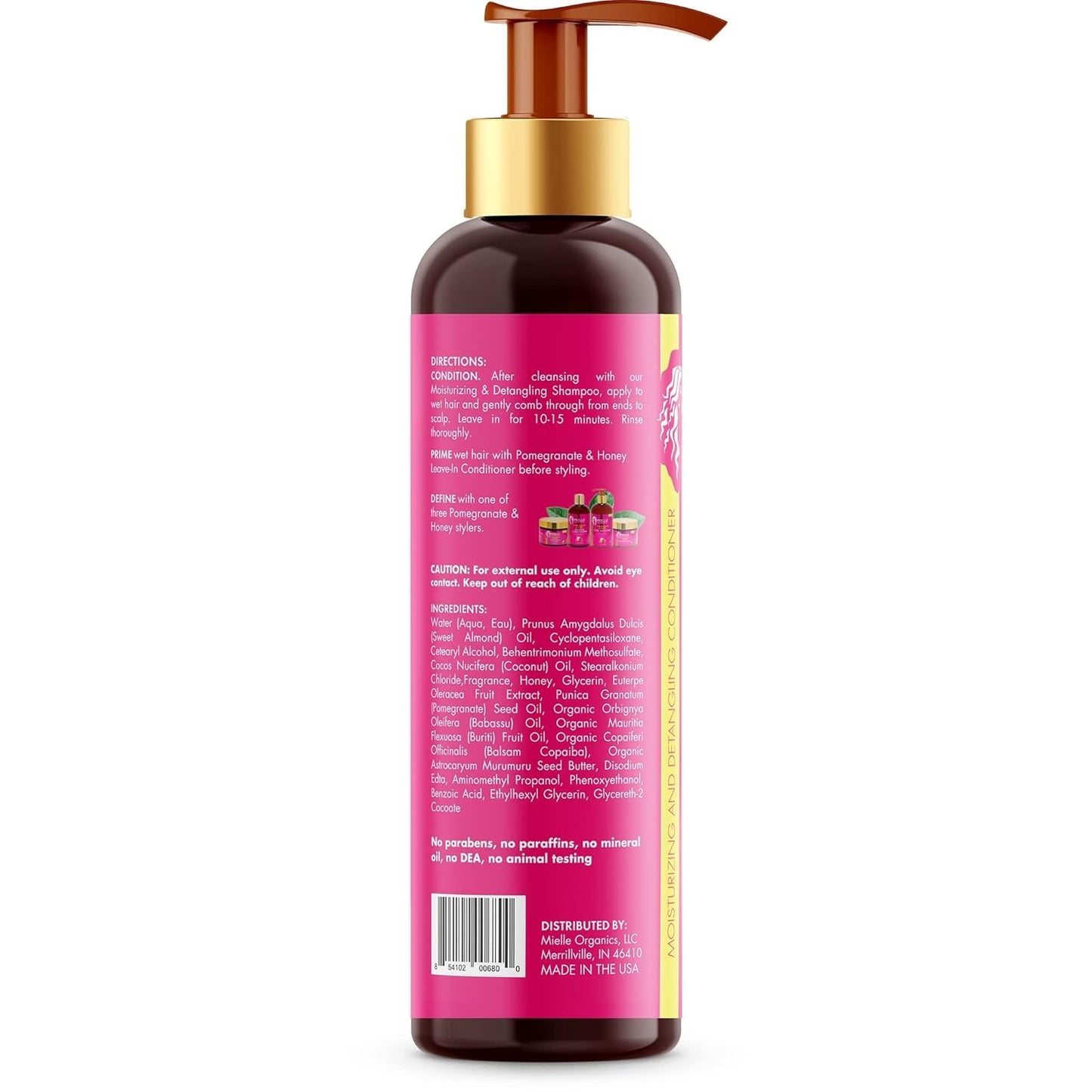 Back label of Mielle Pomegranate and Honey conditioner with usage directions and safety seals.