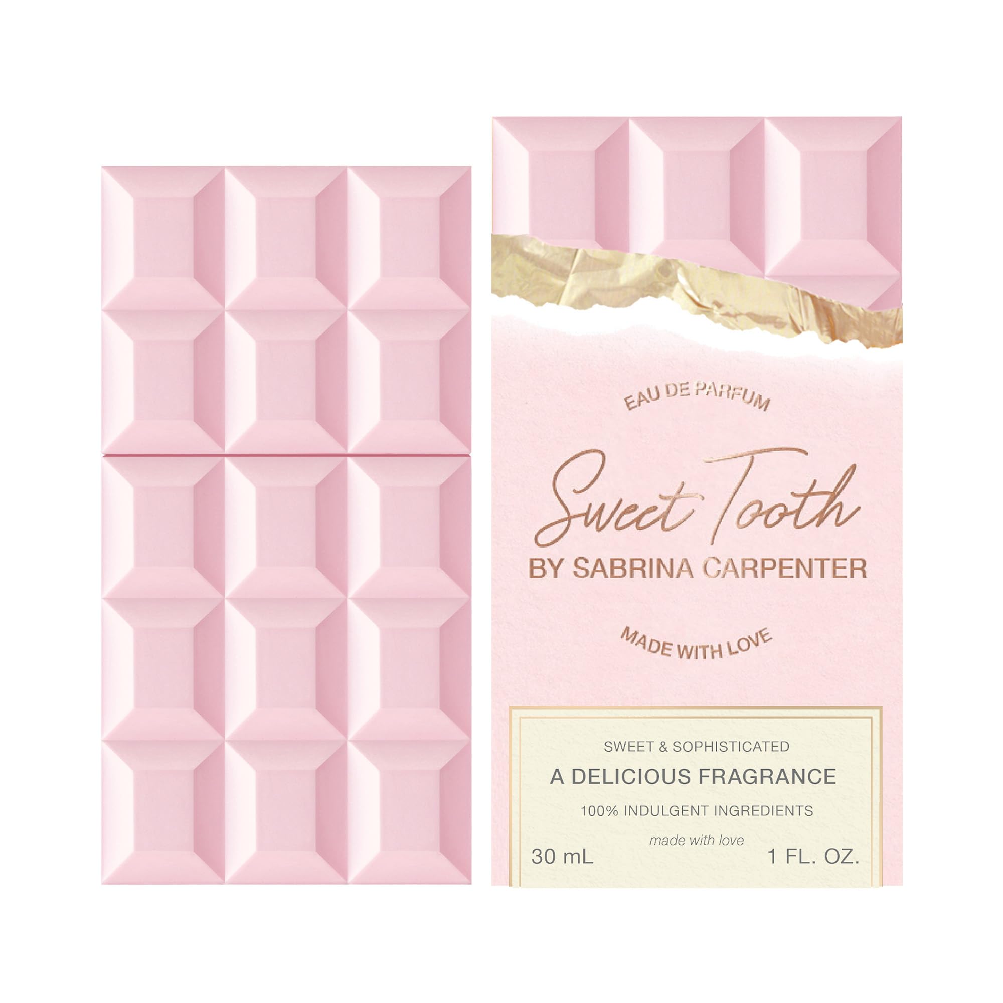 Sabrina Carpenter Sweet Tooth pink chocolate bar shaped perfume bottle