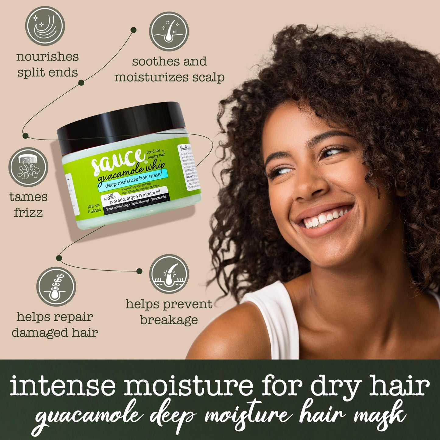 Sauce Beauty deep conditioning treatment jar showing key ingredients avocado and honey.
