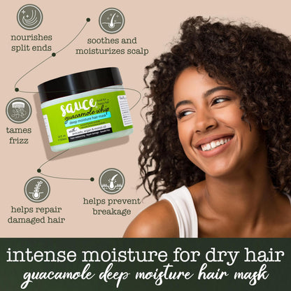Sauce Beauty deep conditioning treatment jar showing key ingredients avocado and honey.