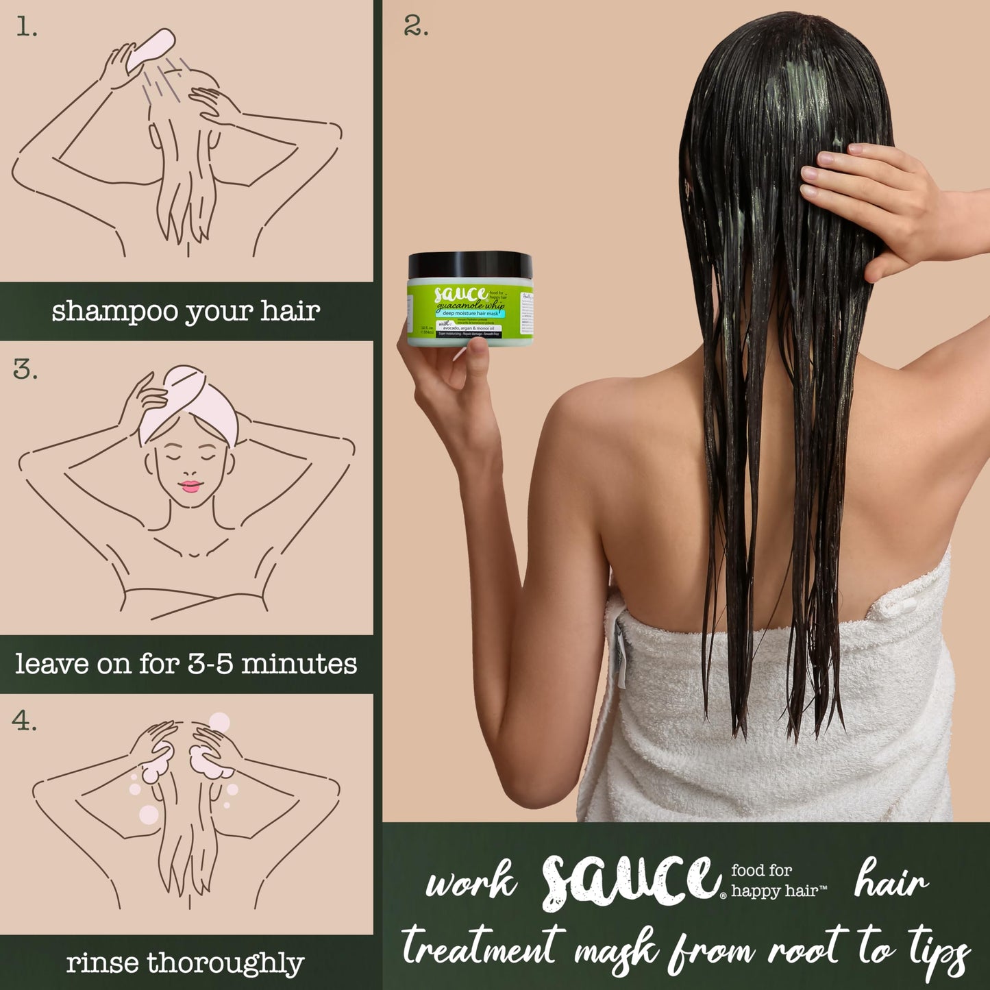 Back view of Sauce Beauty hair mask displaying official usage instructions.