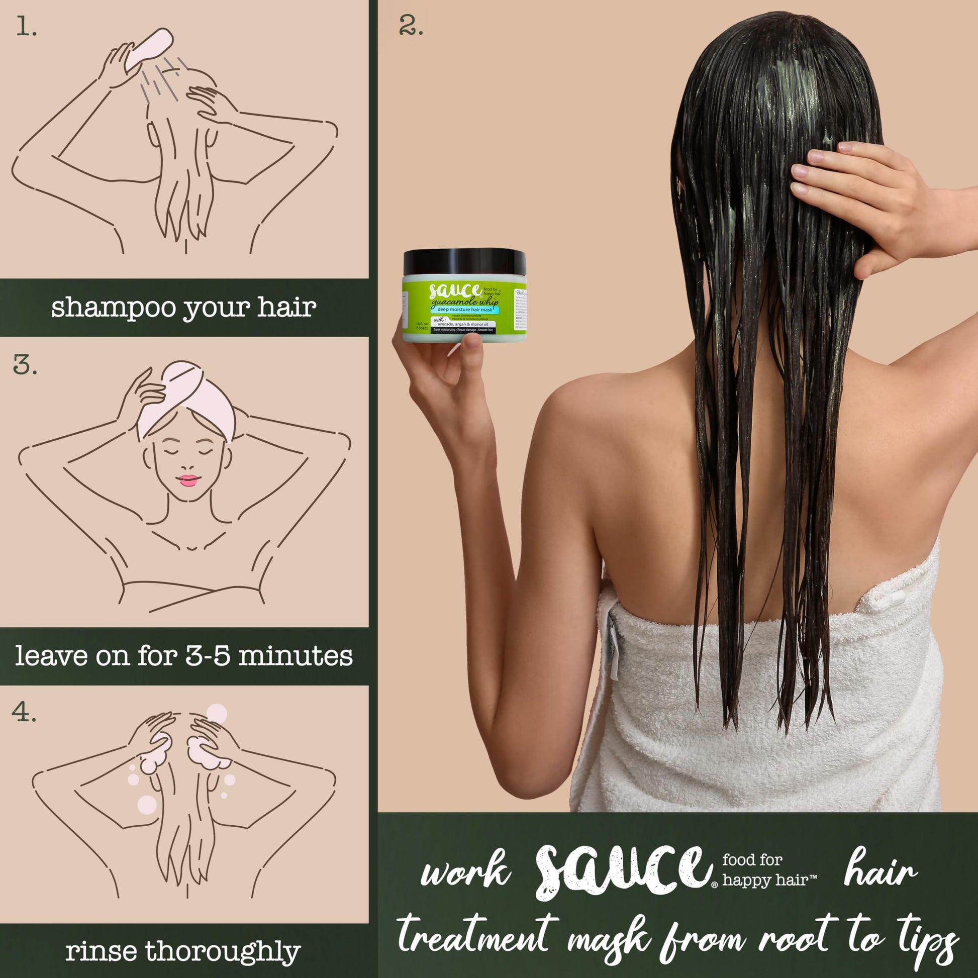 Back view of Sauce Beauty hair mask displaying official usage instructions.