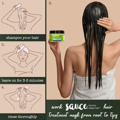 Back view of Sauce Beauty hair mask displaying official usage instructions.