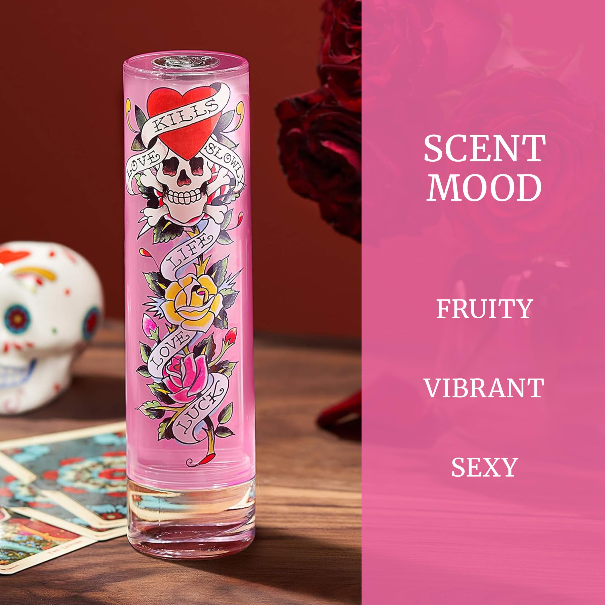 Authentic Ed Hardy for Women Eau De Parfum bottle standing upright alongside outer packaging