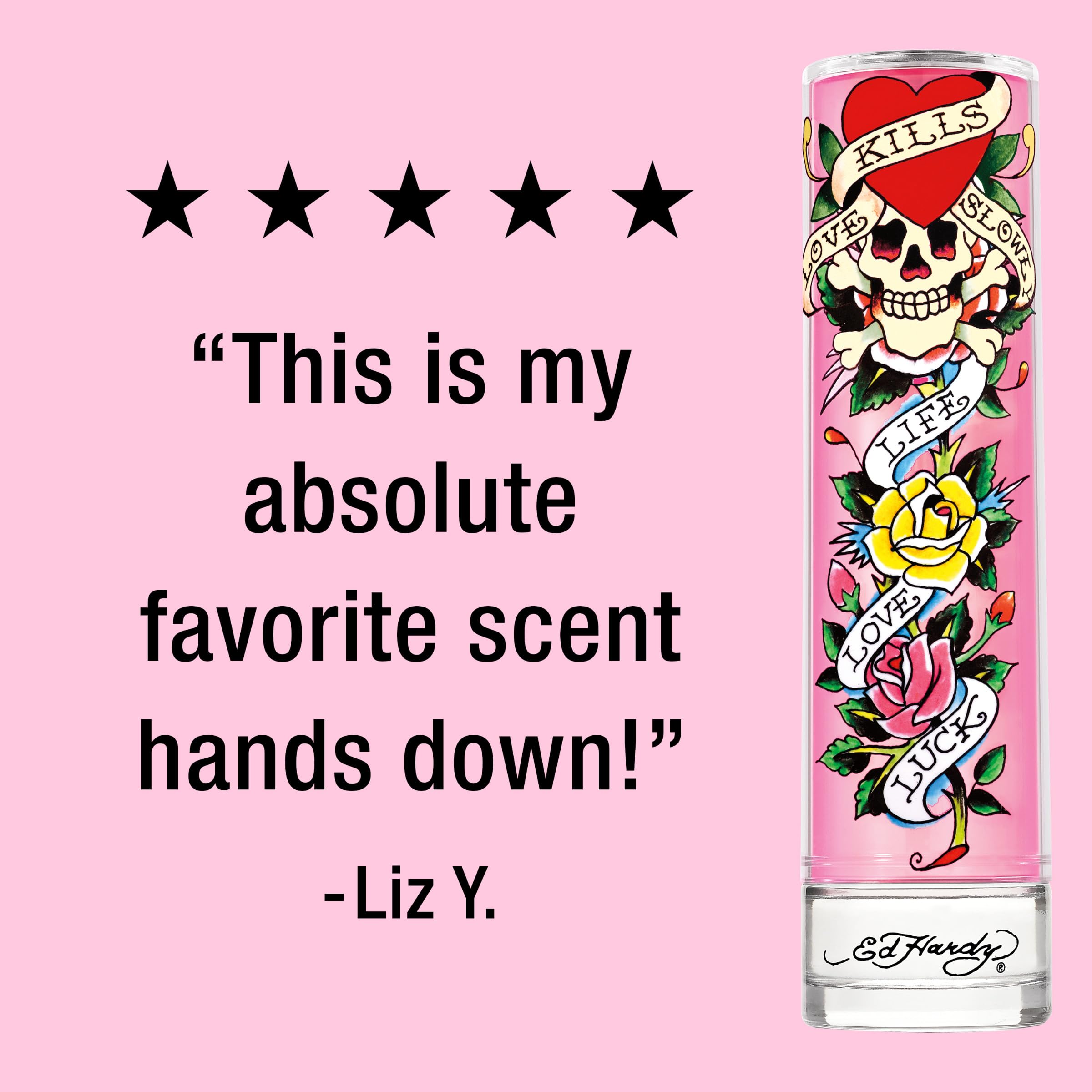 Ed Hardy 3.4 Fluid Ounce women perfume bottle displaying warm amber liquid inside