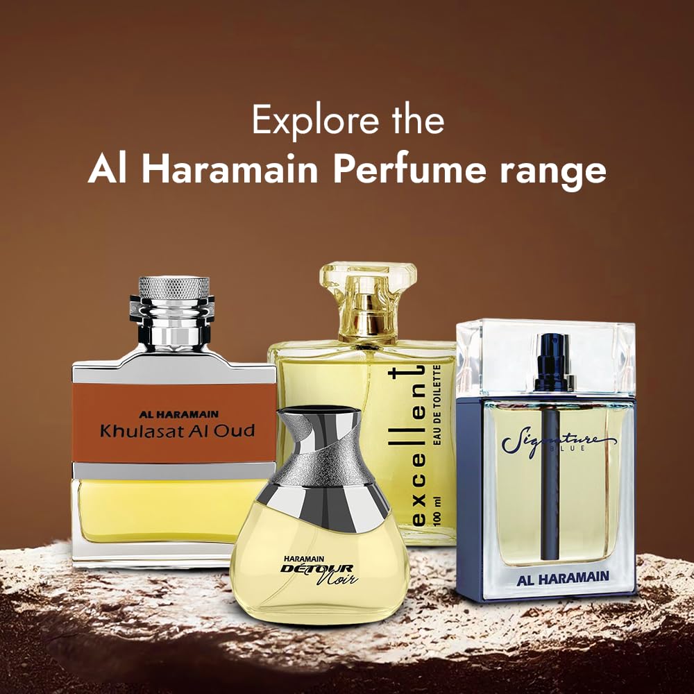 Unisex Al Haramain Amber Oud Gold perfume highlighting the compact 2 ounce travel friendly bottle design