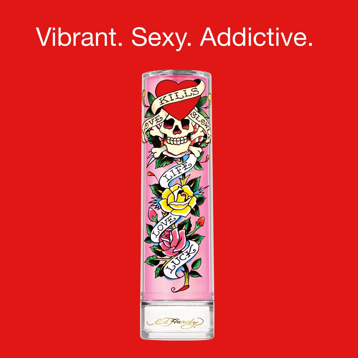 Close up of the brand engraving on the base of the Ed Hardy women perfume bottle