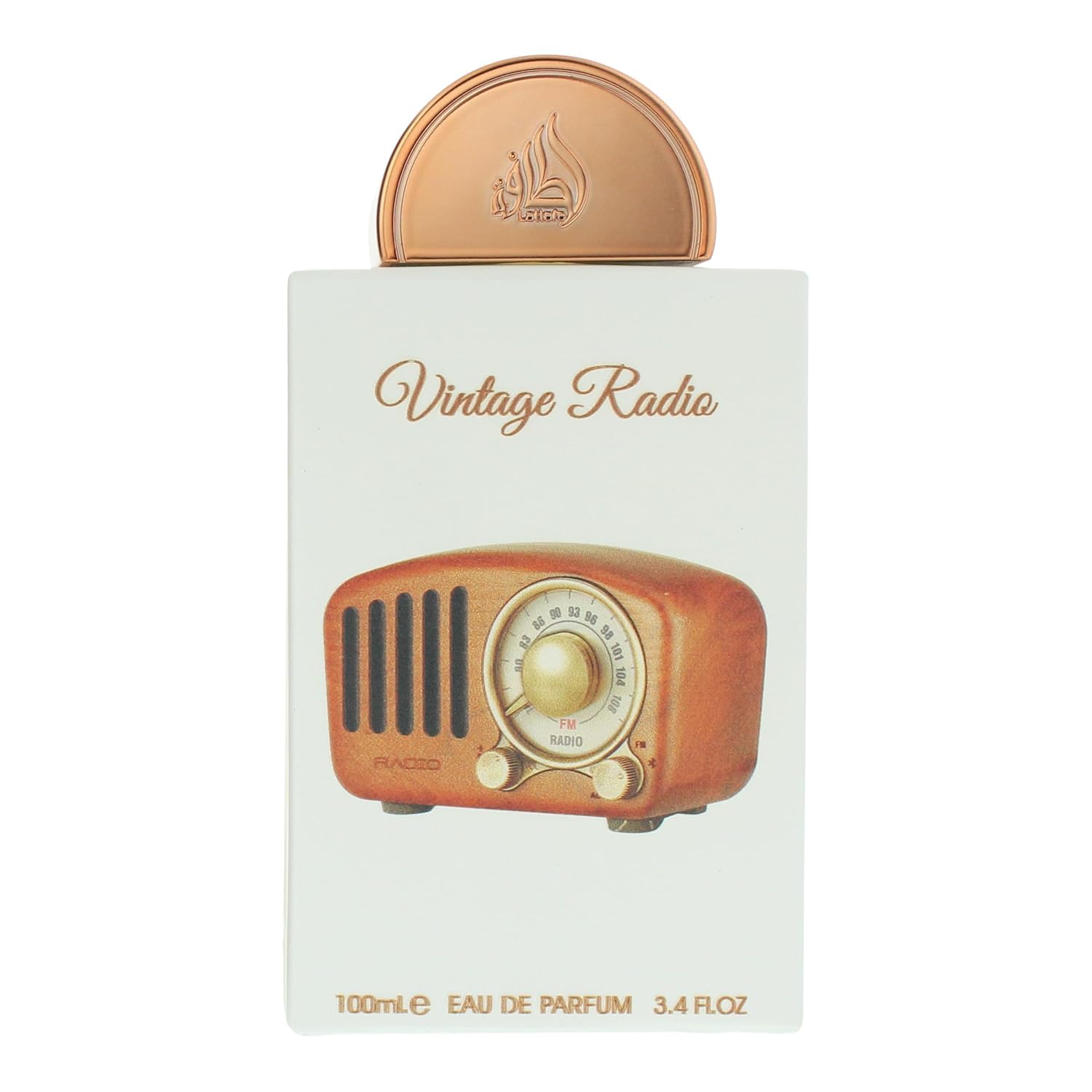 Lattafa Pride Vintage Radio luxury unisex perfume bottle standing next to its authentic retail packaging box