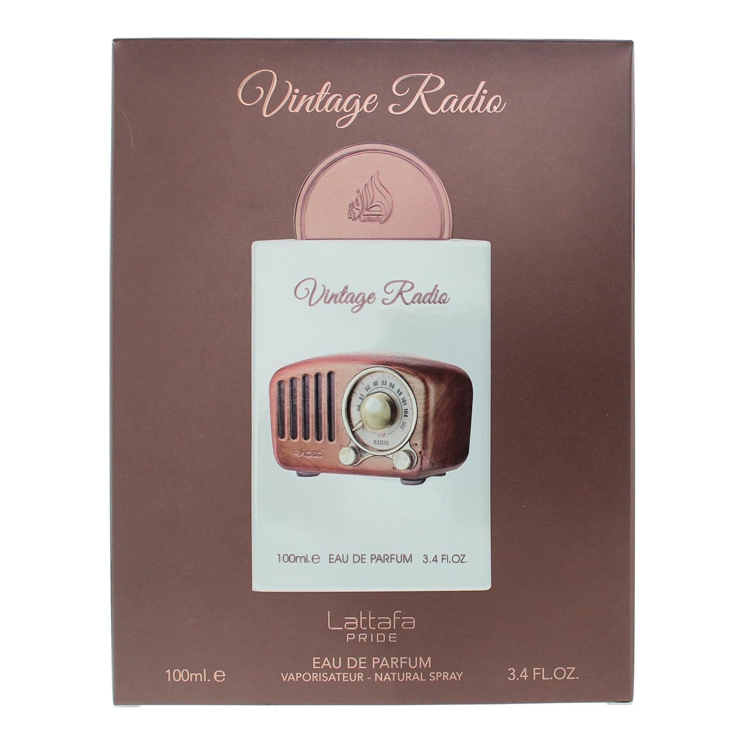 Lattafa Pride Vintage Radio 100ml perfume displaying the woody and aromatic design elements