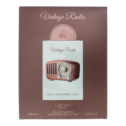 Lattafa Pride Vintage Radio 100ml perfume displaying the woody and aromatic design elements